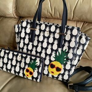 RARE Kate Spade Pineapple Print Bag & Wallet Set Hayden Aloha Hawaii Applique